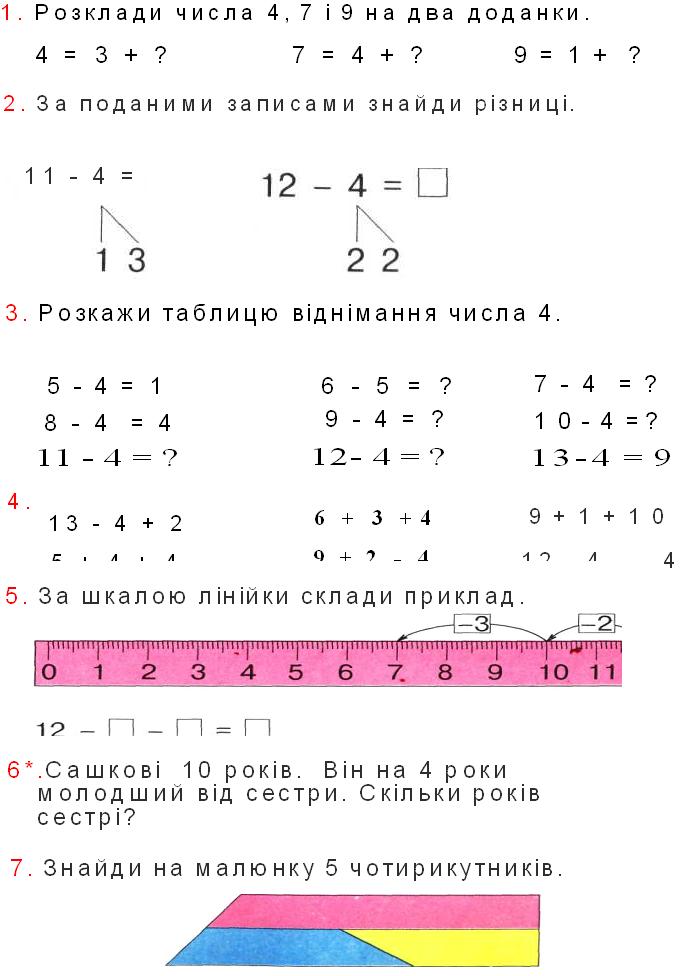 Таблиця віднімання числа 4