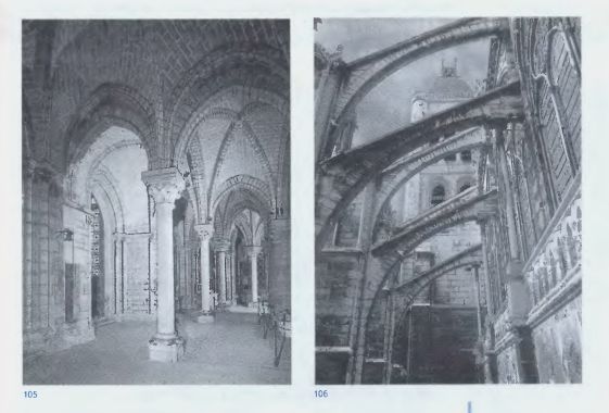 105. Стрельчатые арки и нервюры. Коридор обхода. 1137 г. Церковь Сен-Дени. Париж. 106. Аркбутаны и контрфорсы. 1137 г. Церковь Сен-Дени. Париж