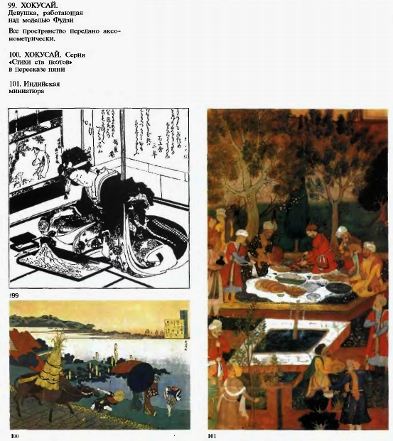 99. ХОКУСАЙ. Девушка, работающая над моделью Фудзи. 100. ХОКУСАЙ. Серия «Стихи ста поэтов» в пересказе няни. 101. Индийская миниатюра