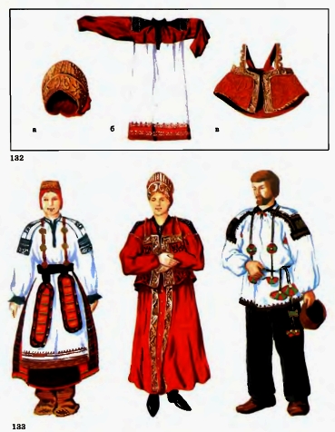 132. Детали одежды: а — кокошник, б —рубаха, в — душегрея. 133. Эскизы женского и мужского русского народного костюма